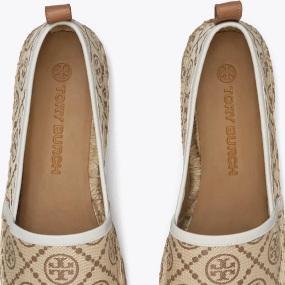 NWT TORY BURCH T MONOGRAM PLATFORM ESPADRILLE Hazelnut Logo Jacquard